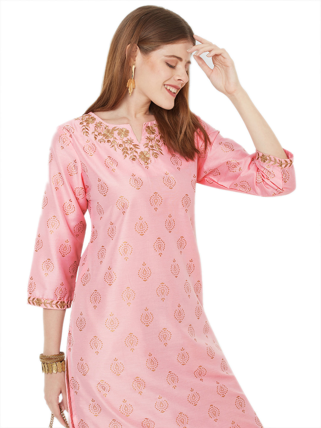 Sitayya Women's Golden Leaf Embroidered Neckline Block Print Rose Pink Kurta Tunic | Display Image