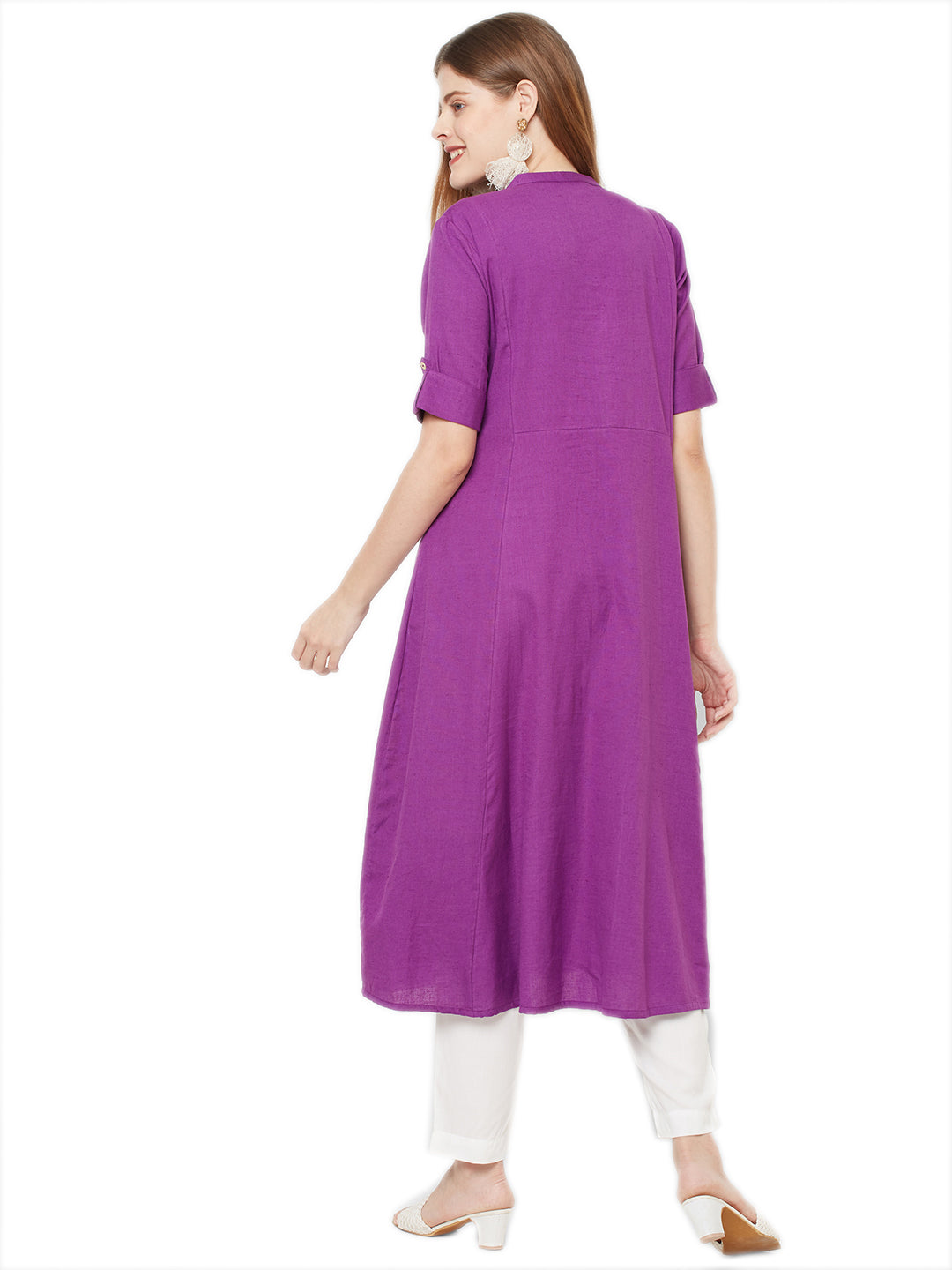 Sitayya Women's Bohemian White Embroidered Yoke A-line Purple Kurta Dress | Back View