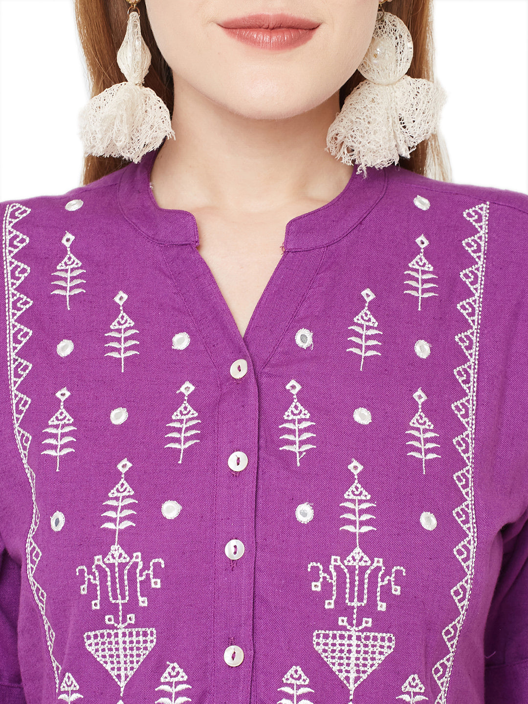 Sitayya Women's Bohemian White Embroidered Yoke A-line Purple Kurta Dress | Close-up View