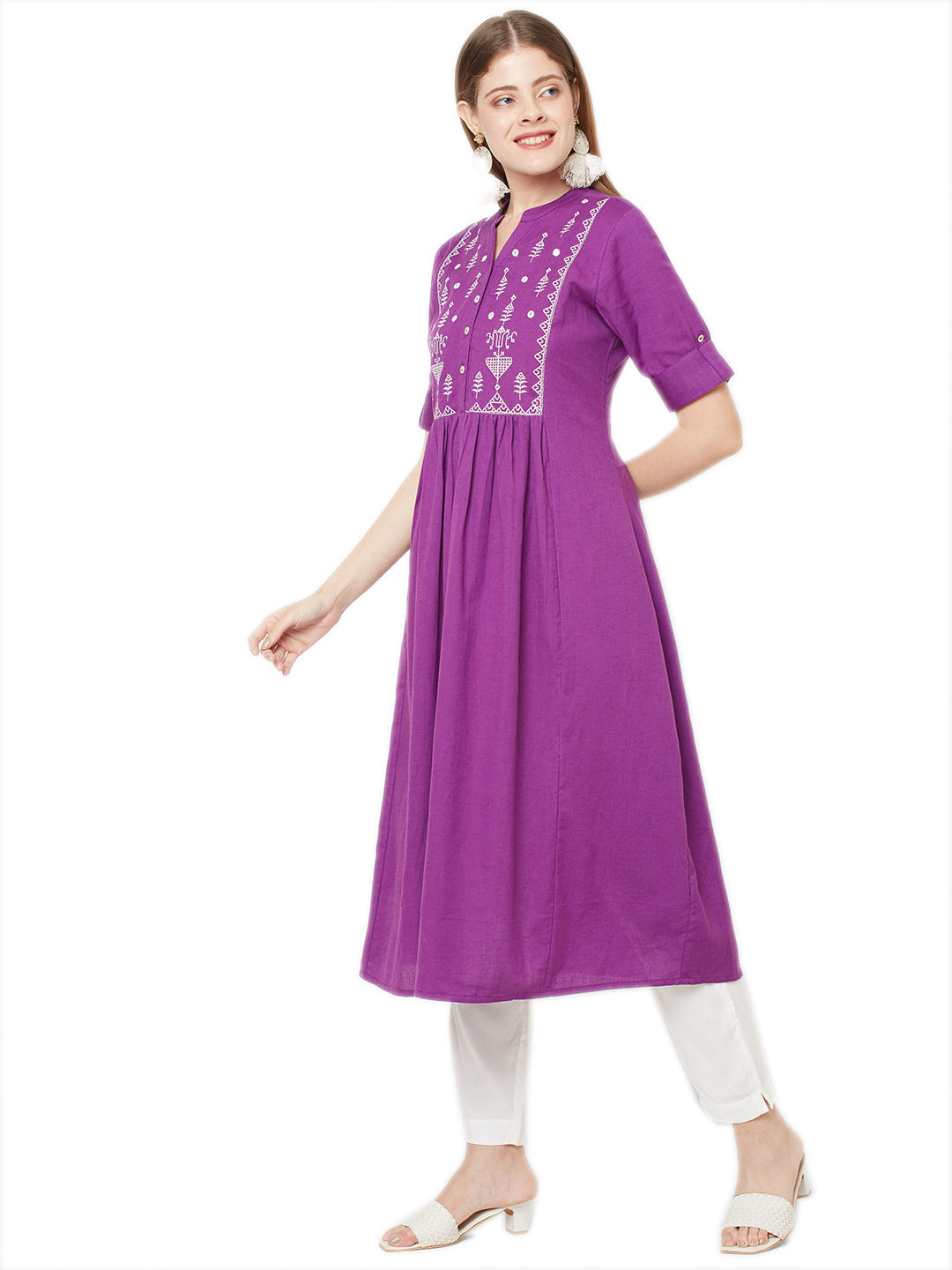 Sitayya Women's Bohemian White Embroidered Yoke A-line Purple Kurta Dress | Right View