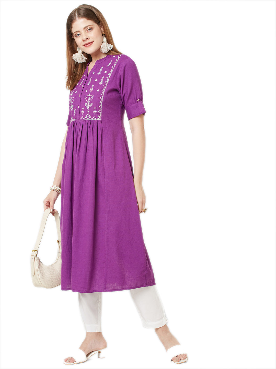 Sitayya Women's Bohemian White Embroidered Yoke A-line Purple Kurta Dress | Lifestyle Image