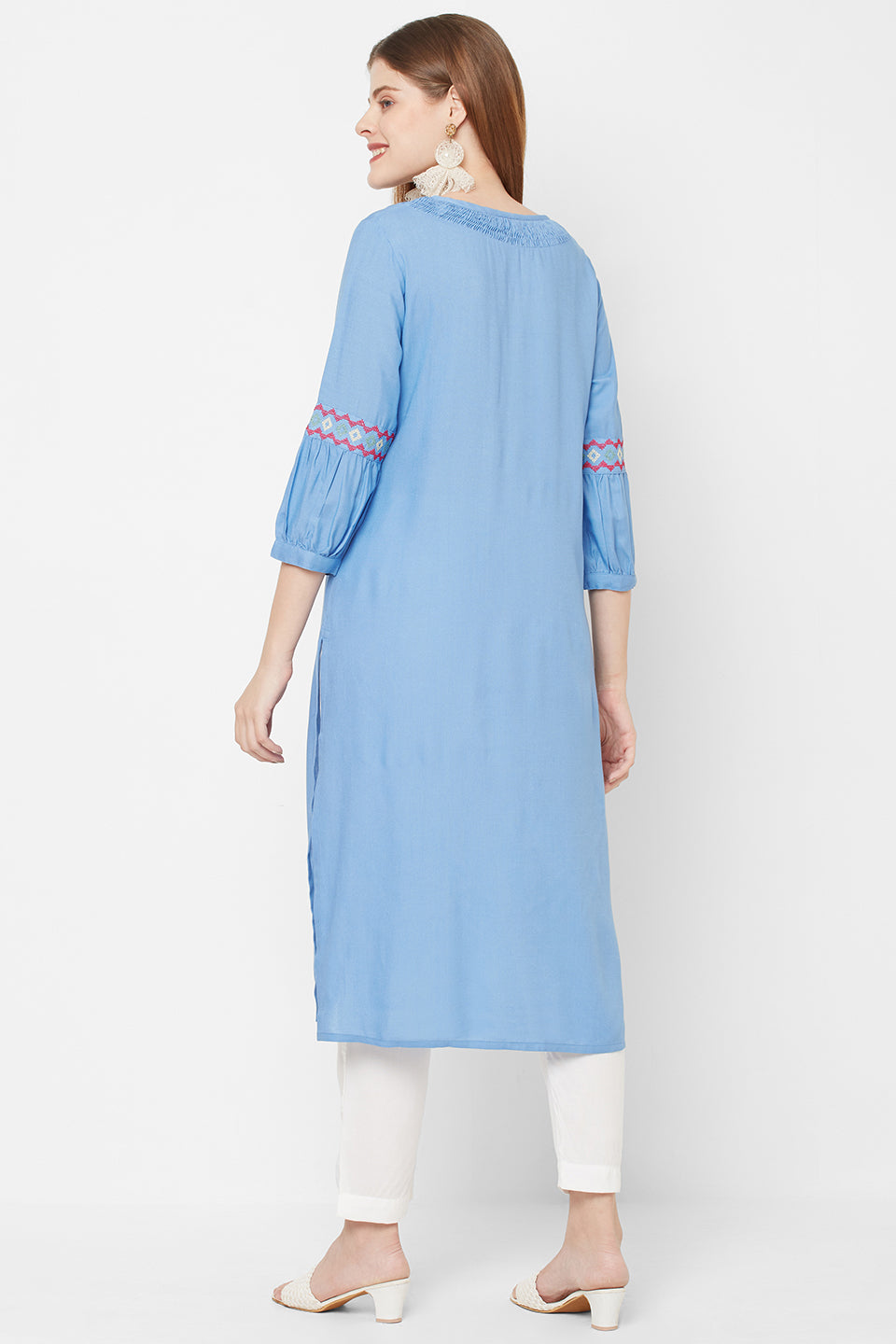 Sitayya Women's Embroidered Balloon 3/4 Sleeve Sea Blue Summer Kurta Tunic | Back View