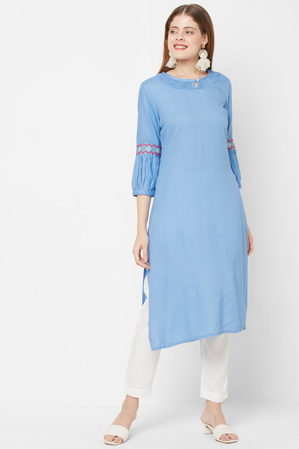 Sitayya Women's Embroidered Balloon 3/4 Sleeve Sea Blue Summer Kurta Tunic | Main Image