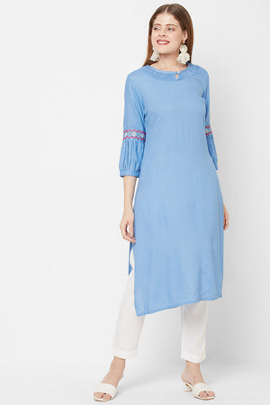Sitayya Women's Embroidered Balloon 3/4 Sleeve Sea Blue Summer Kurta Tunic | Main Image