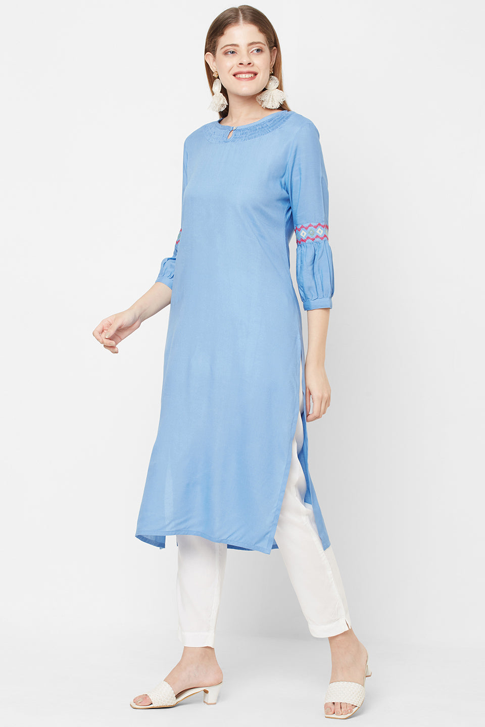 Sitayya Women's Embroidered Balloon 3/4 Sleeve Sea Blue Summer Kurta Tunic | Right View