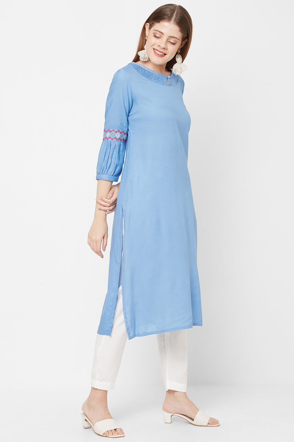 Sitayya Women's Embroidered Balloon 3/4 Sleeve Sea Blue Summer Kurta Tunic | Left View