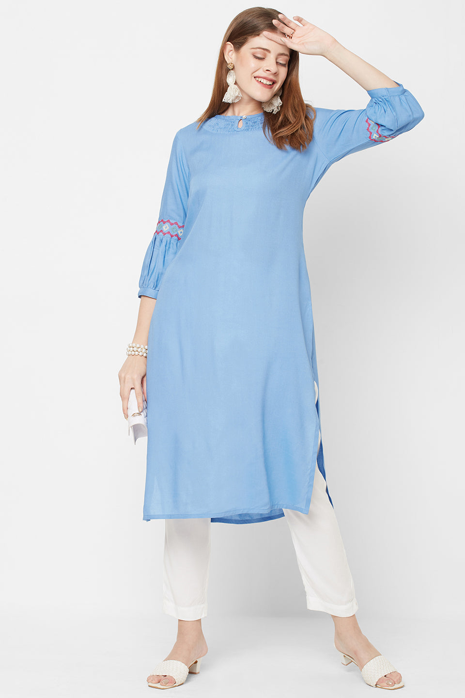 Sitayya Women's Embroidered Balloon 3/4 Sleeve Sea Blue Summer Kurta Tunic | Lifestyle Image