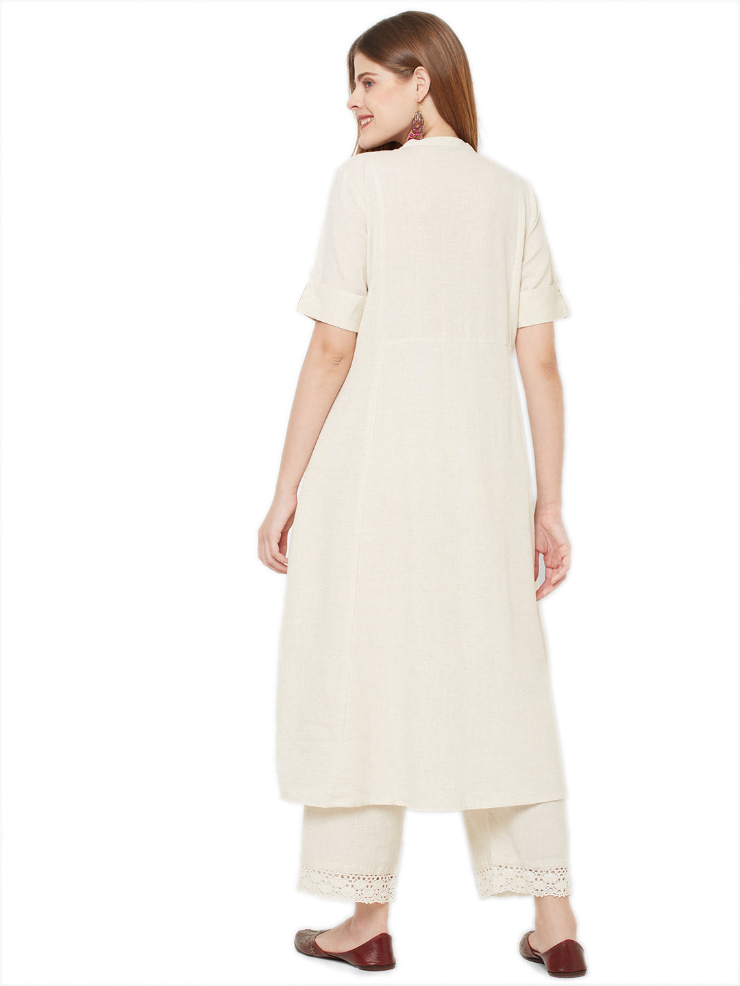 Sitayya Women's Bohemian Purple Embroidered Yoke A-line Off-White Kurta Dress | Back View