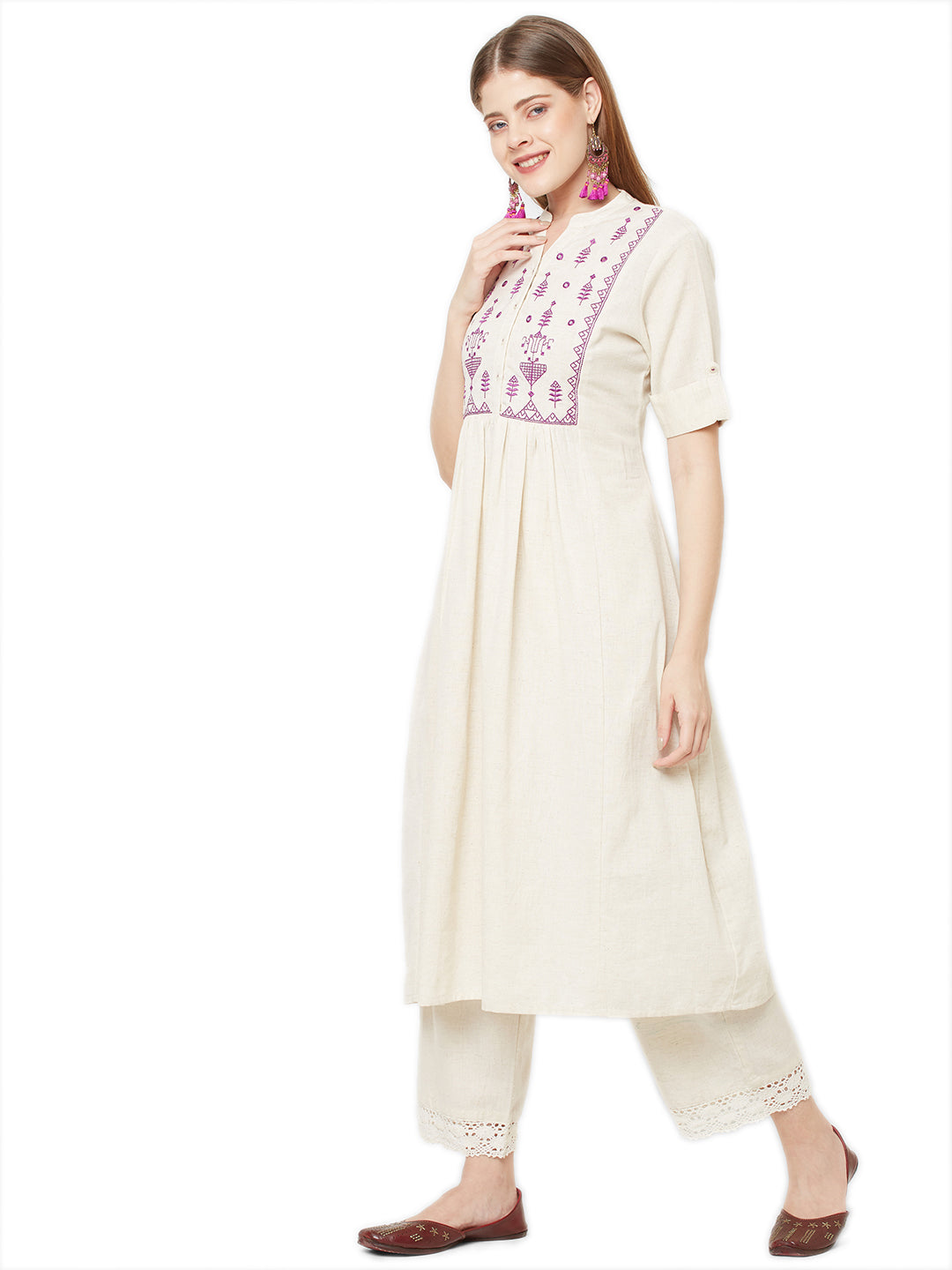 Sitayya Women's Bohemian Purple Embroidered Yoke A-line Off-White Kurta Dress | Right View
