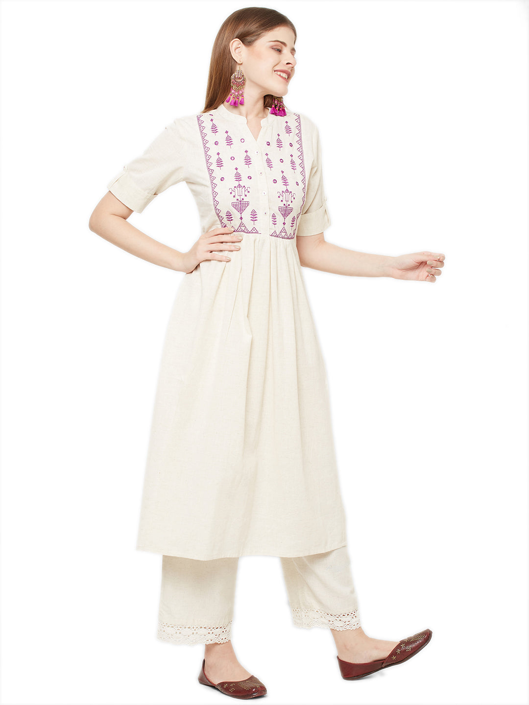 Sitayya Women's Bohemian Purple Embroidered Yoke A-line Off-White Kurta Dress | Left View