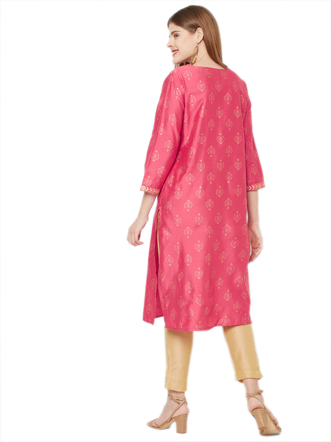 Sitayya Women's Golden Leaf Embroidered Neckline Block Print French Pink Kurta Tunic | Back View