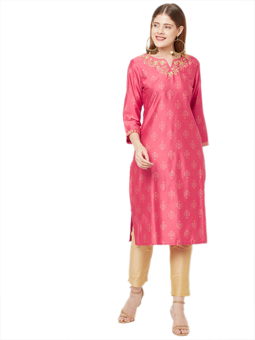 Sitayya Women's Golden Leaf Embroidered Neckline Block Print French Pink Kurta Tunic | Main Image