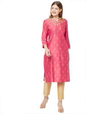 Sitayya Women's Golden Leaf Embroidered Neckline Block Print French Pink Kurta Tunic | Main Image