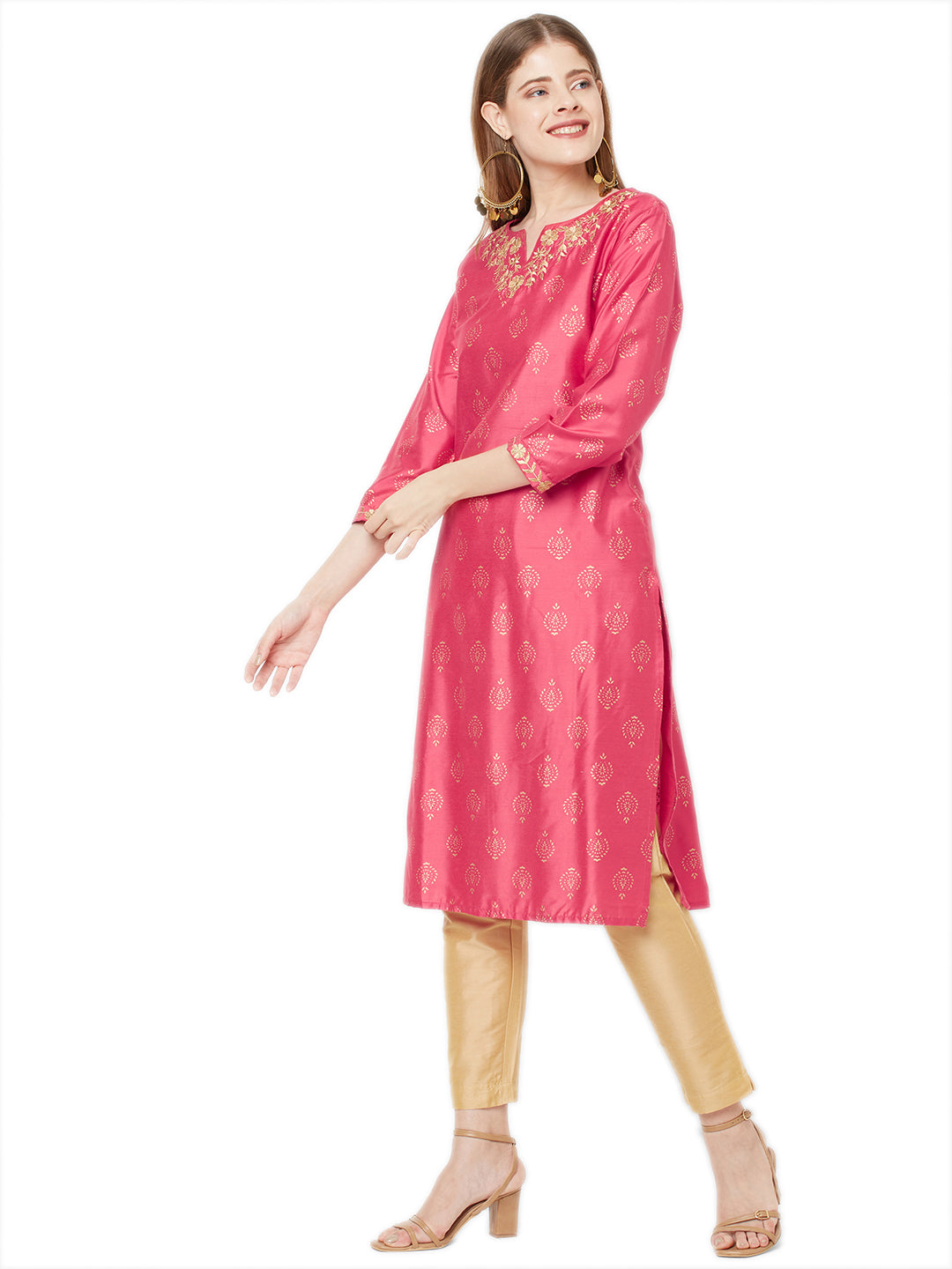 Sitayya Women's Golden Leaf Embroidered Neckline Block Print French Pink Kurta Tunic | Right View