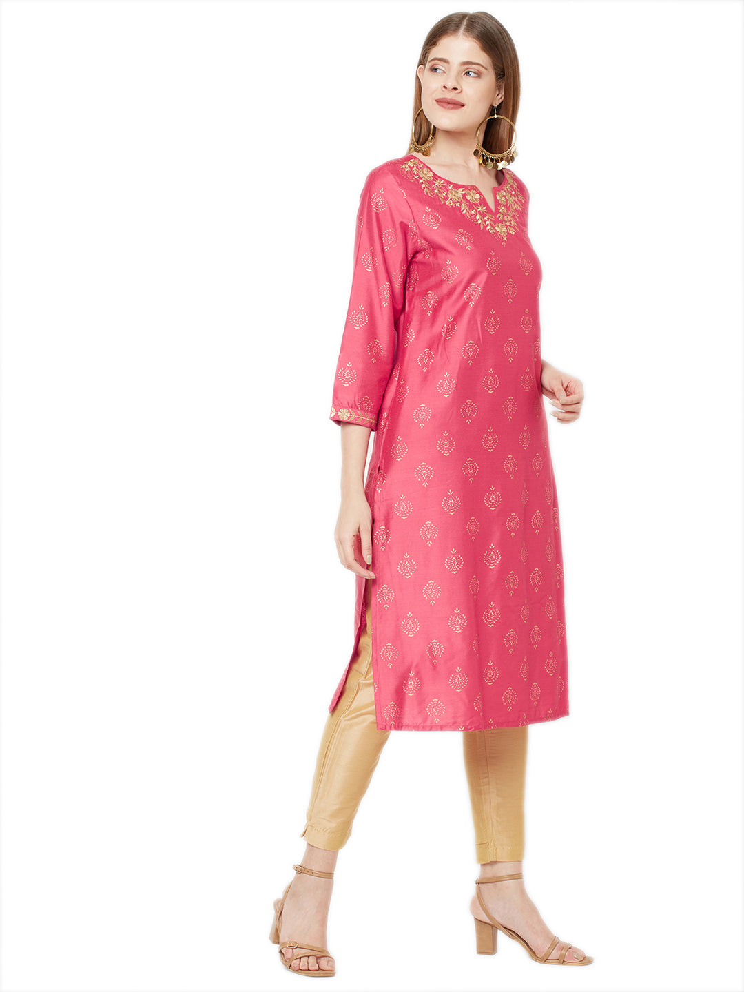 Sitayya Women's Golden Leaf Embroidered Neckline Block Print French Pink Kurta Tunic | Left View