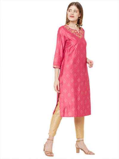 Sitayya Women's Golden Leaf Embroidered Neckline Block Print French Pink Kurta Tunic | Left View