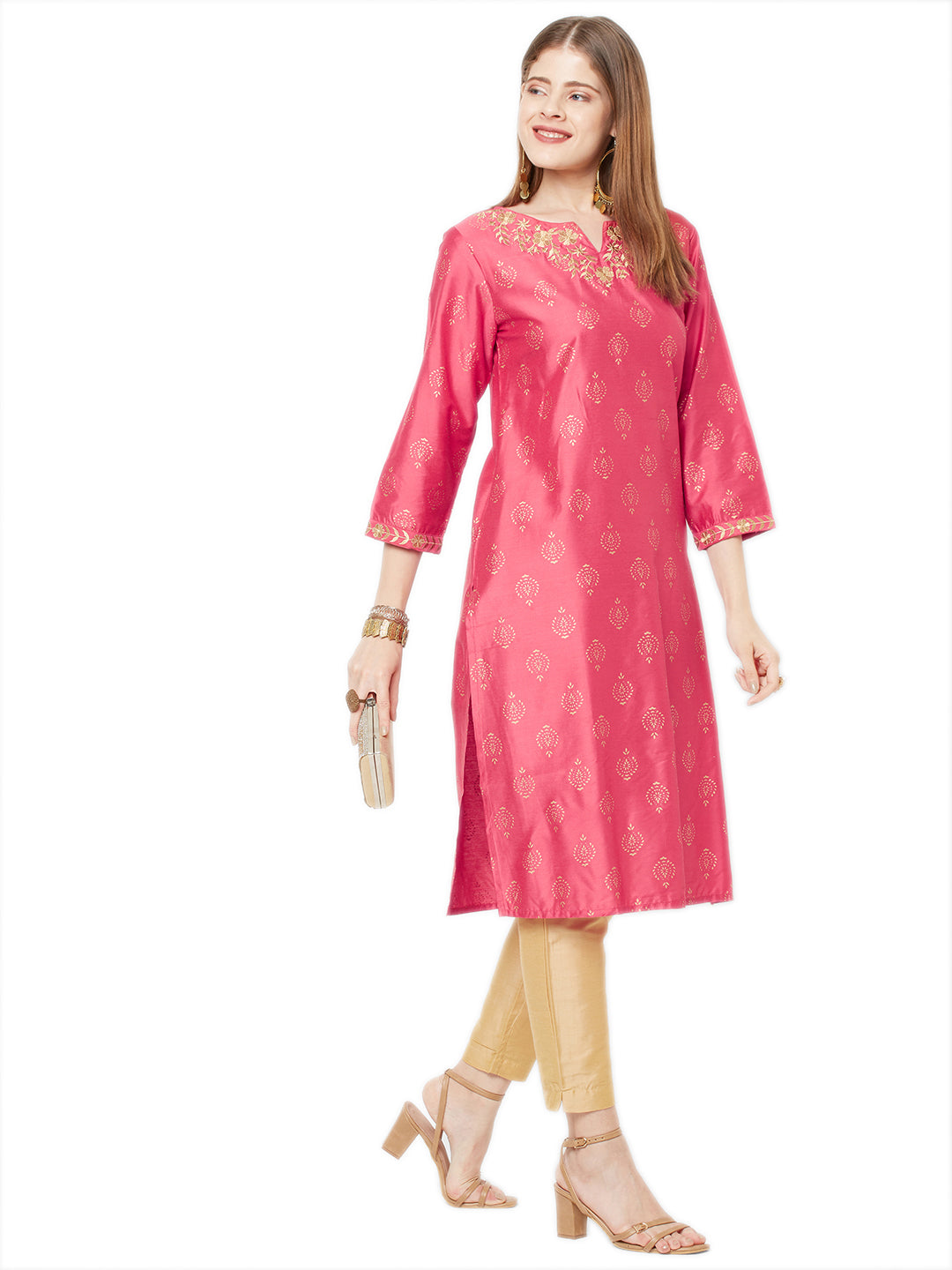 Sitayya Women's Golden Leaf Embroidered Neckline Block Print French Pink Kurta Tunic | Lifestyle Image