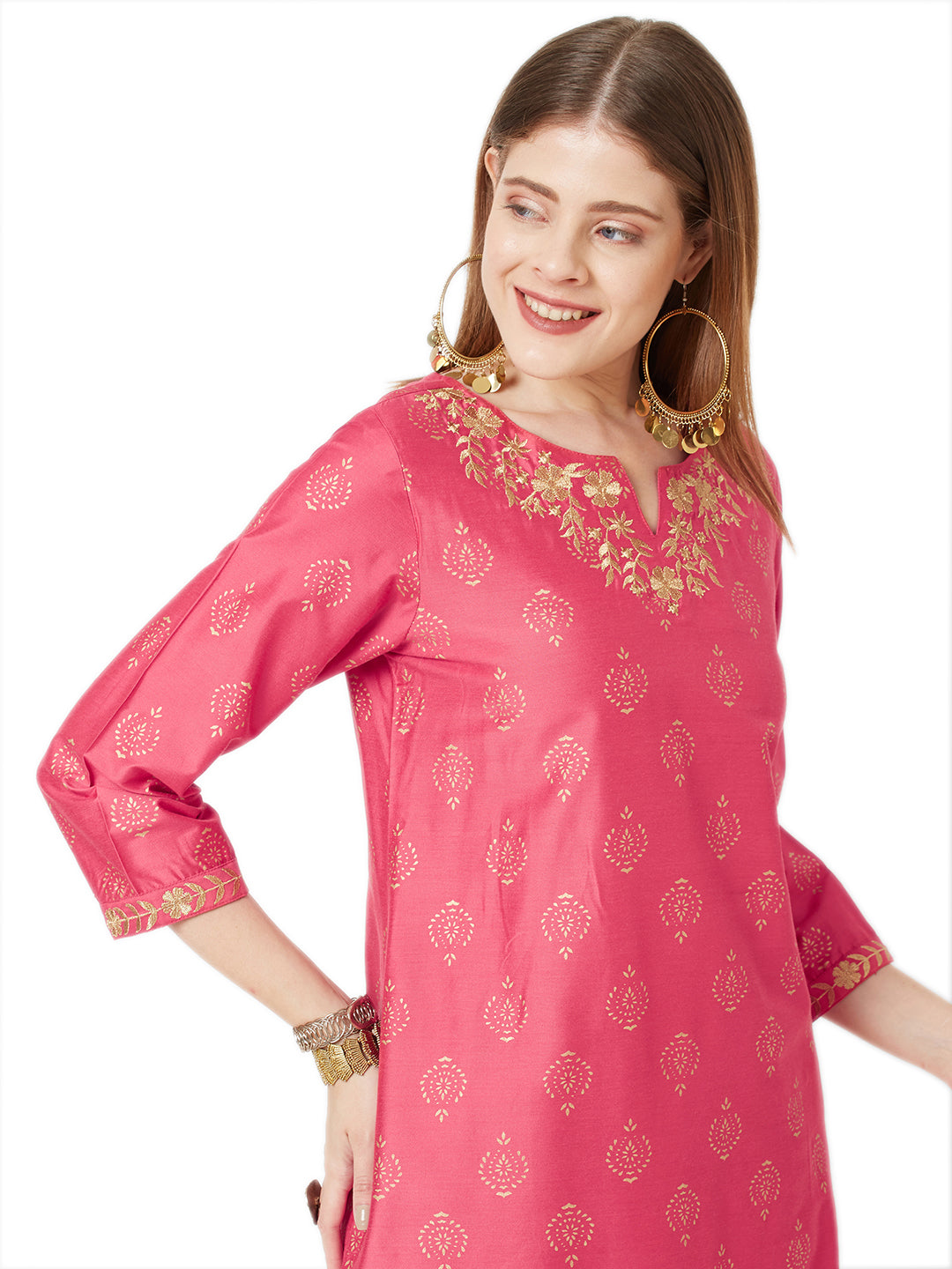 Sitayya Women's Golden Leaf Embroidered Neckline Block Print French Pink Kurta Tunic | Display Image