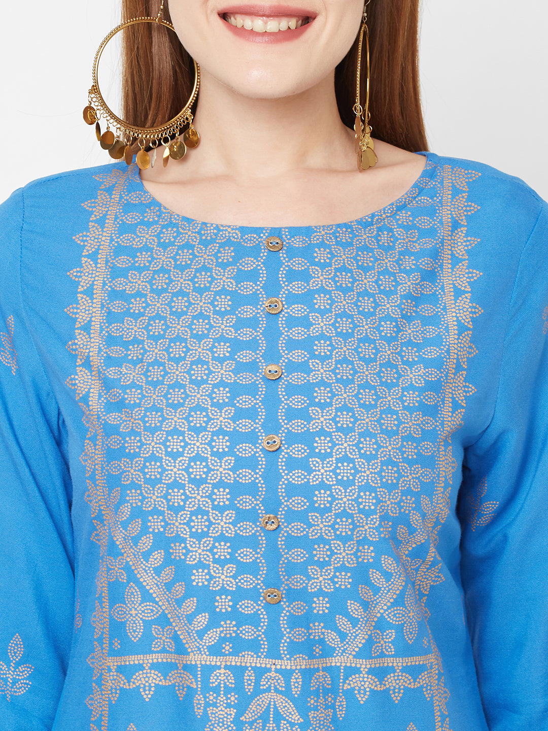 Sitayya Women Blue Rayon Printed Straight Kurta | Close-up View