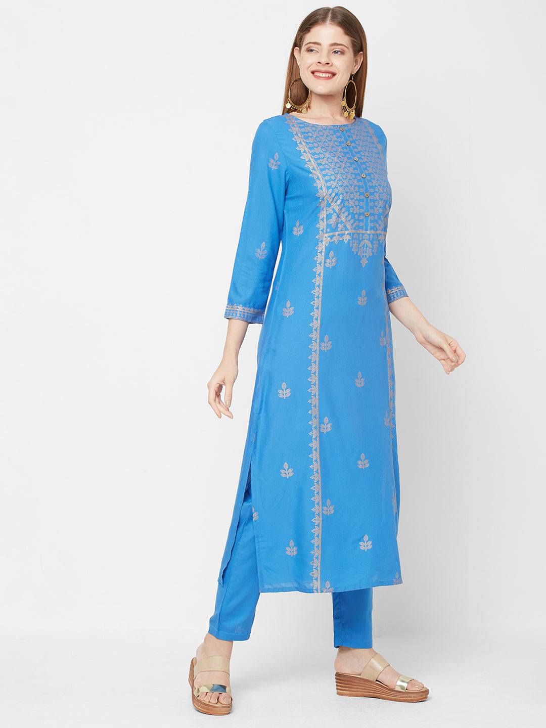 Sitayya Women Blue Rayon Printed Straight Kurta | Left View