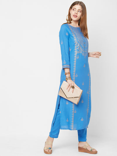 Sitayya Women Blue Rayon Printed Straight Kurta | Main View