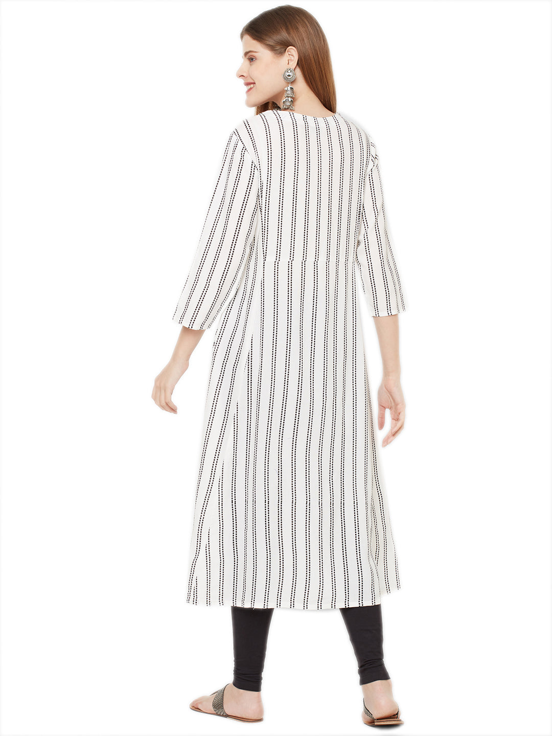 Sitayya Women's Black Stitch Striped A-line White Tunic Dress | Back View