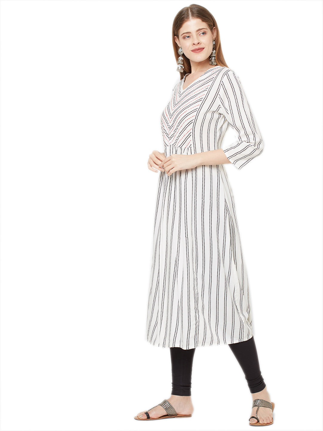 Sitayya Women's Black Stitch Striped A-line White Tunic Dress | Right View