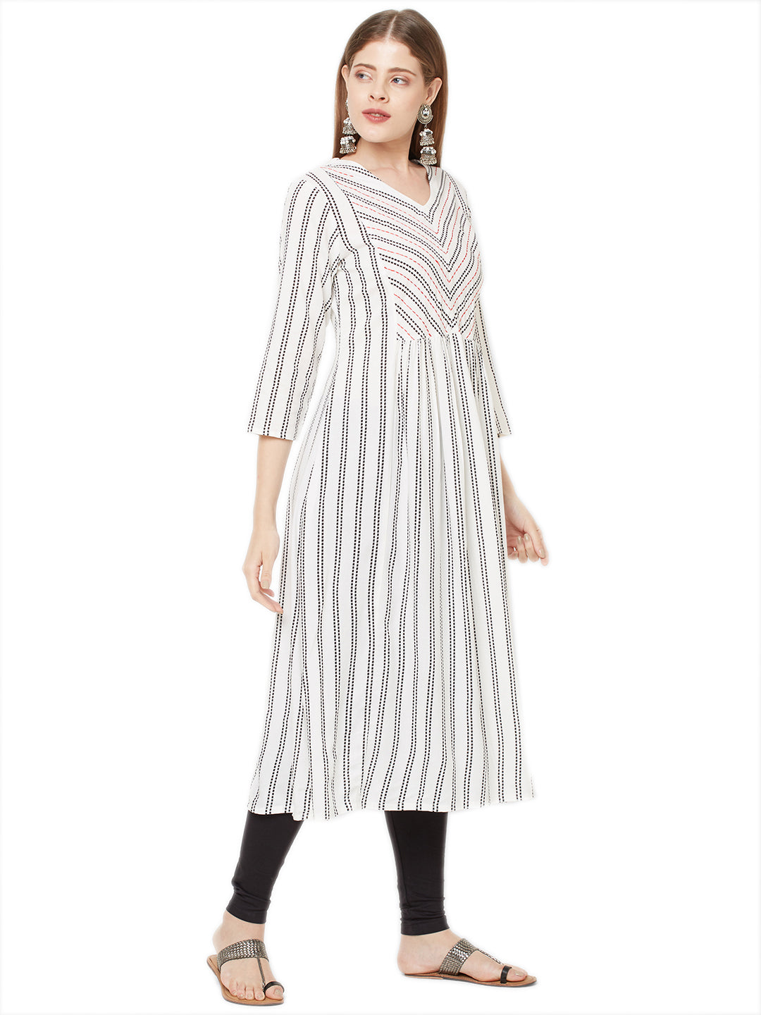 Sitayya Women's Black Stitch Striped A-line White Tunic Dress | Left View