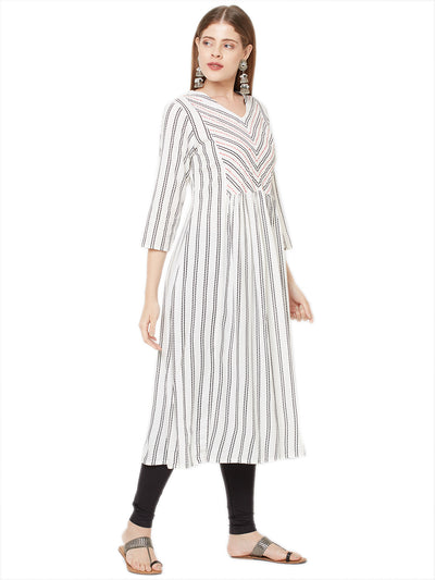 Sitayya Women's Black Stitch Striped A-line White Tunic Dress | Left View