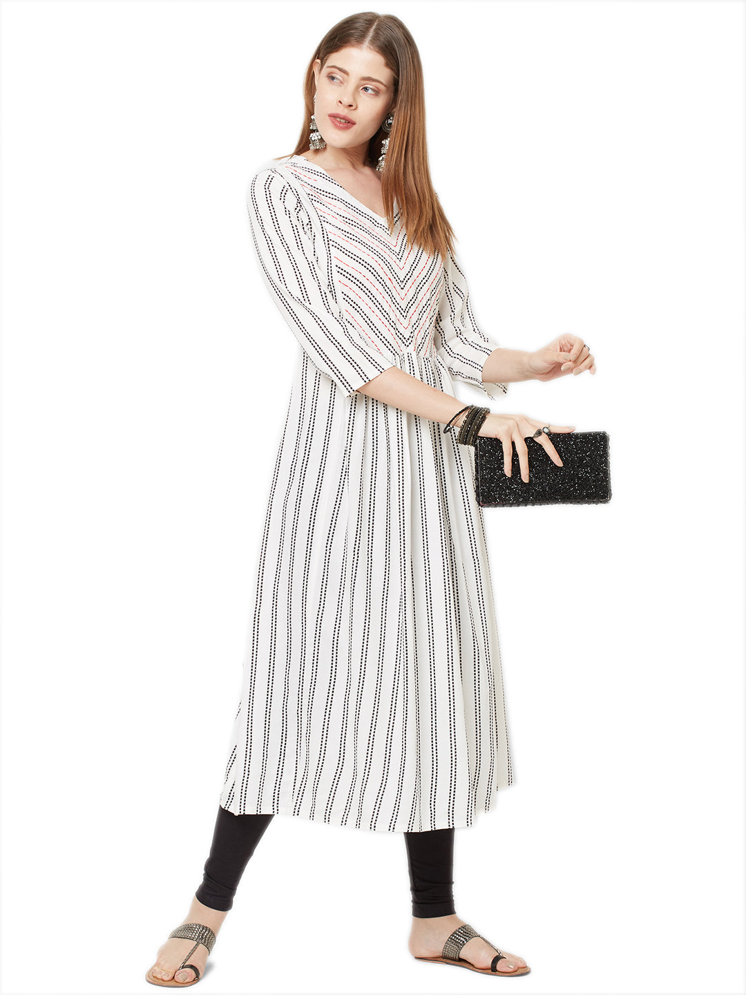 Sitayya Women's Black Stitch Striped A-line White Tunic Dress | Lifestyle Image