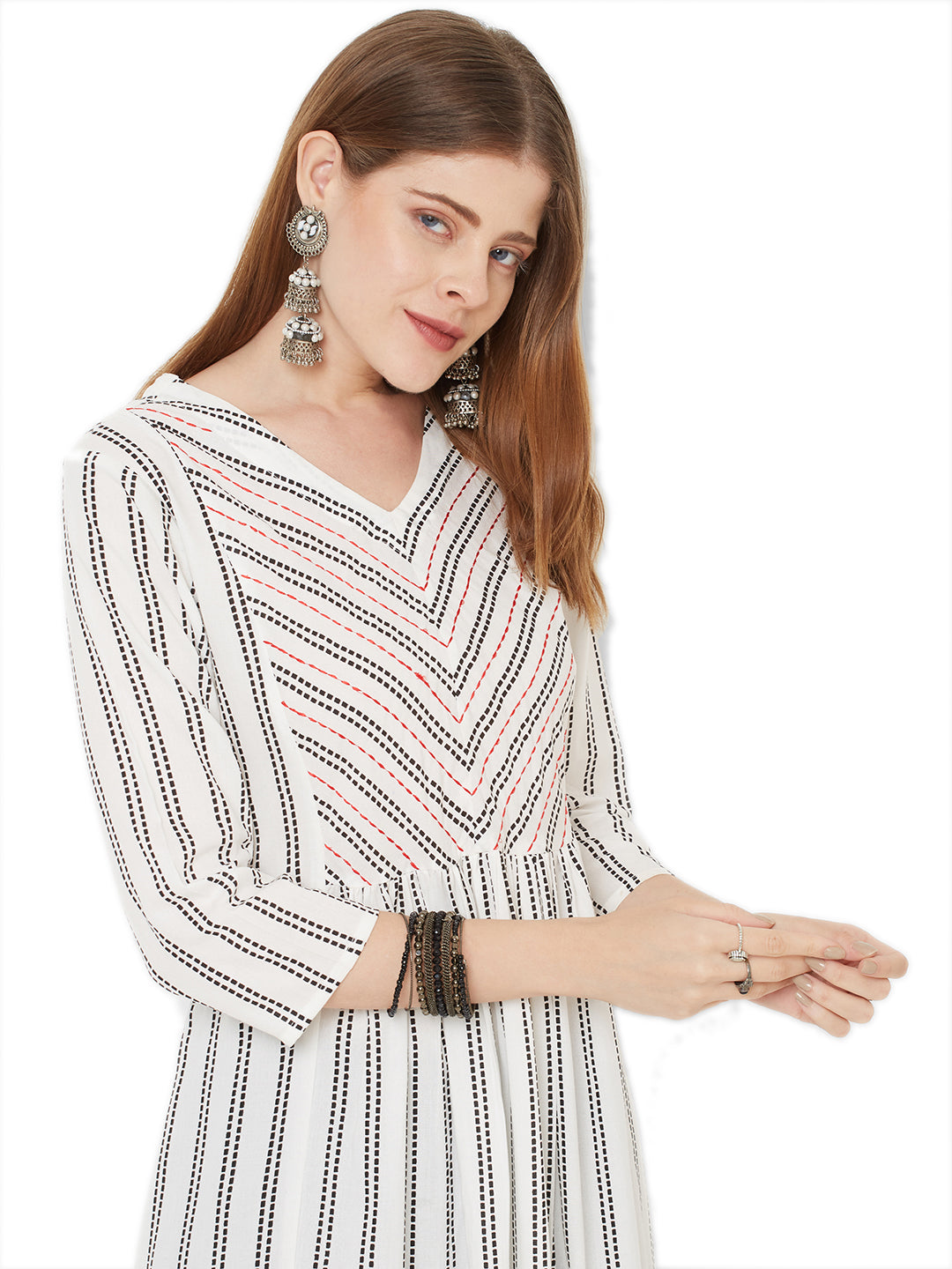 Sitayya Women's Black Stitch Striped A-line White Tunic Dress | Display Image