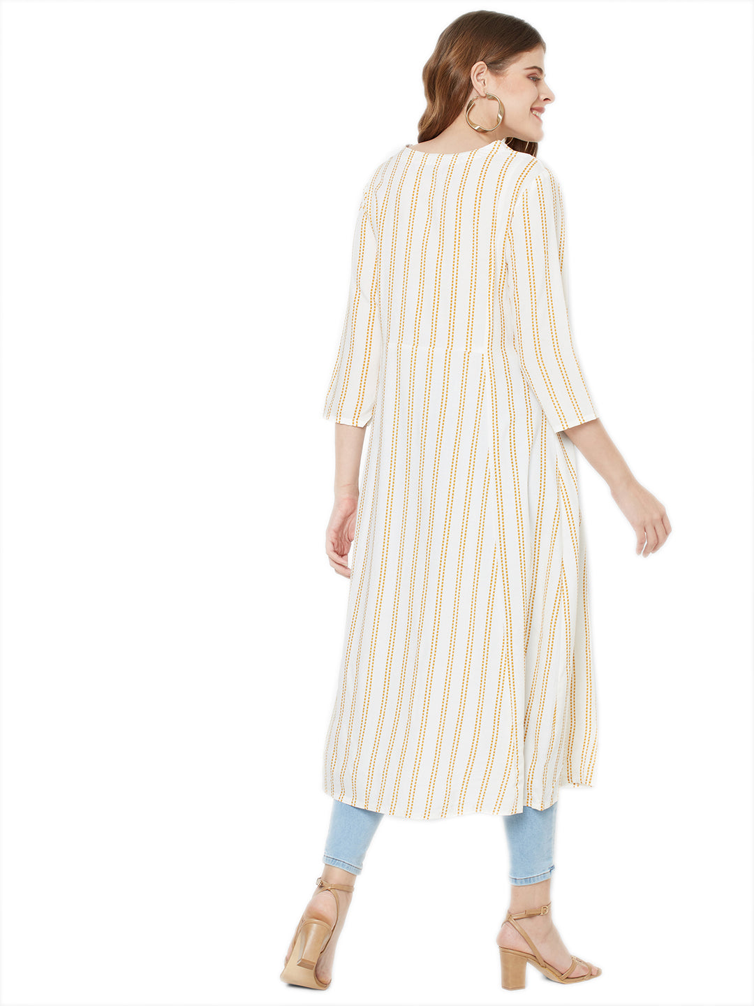 Sitayya Women's Mustard Stitch Striped A-line Off-White Tunic Dress | Back View