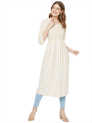 Sitayya Women's Mustard Stitch Striped A-line Off-White Tunic Dress | Main Image