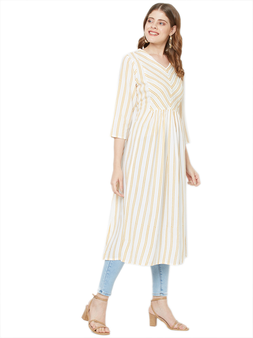 Sitayya Women's Mustard Stitch Striped A-line Off-White Tunic Dress