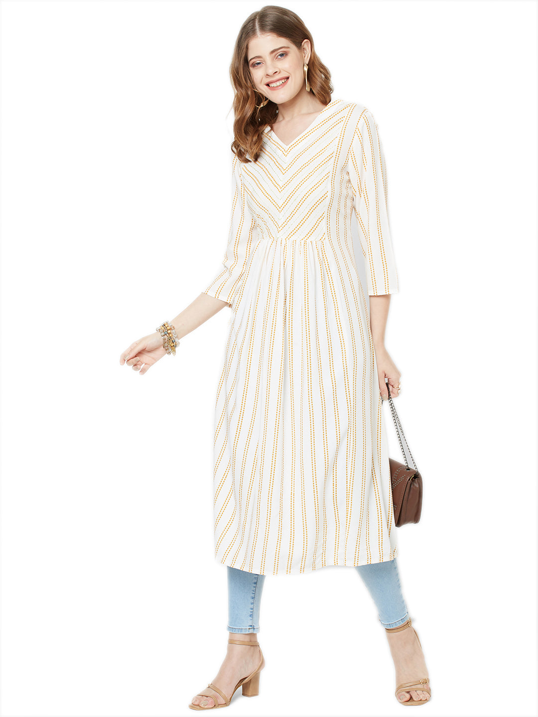 Sitayya Women's Mustard Stitch Striped A-line Off-White Tunic Dress | Lifestyle Image