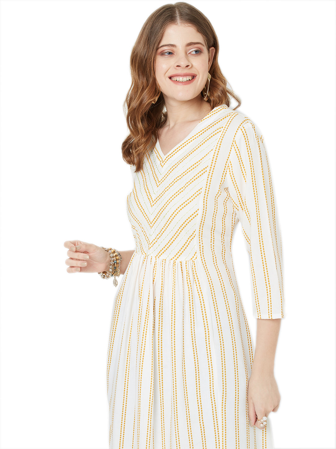 Sitayya Women's Mustard Stitch Striped A-line Off-White Tunic Dress | Display View