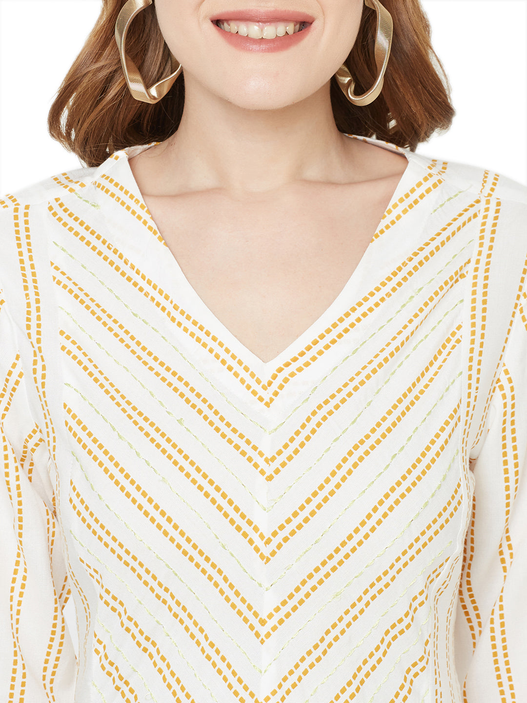 Sitayya Women's Mustard Stitch Striped A-line Off-White Tunic Dress | Close-up View