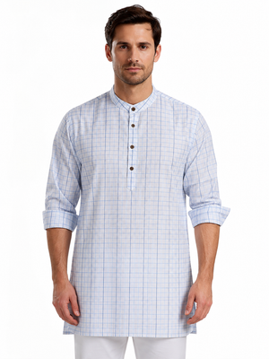 In-Sattva Men's Classic Cotton Checkered Sattva-Collar Thigh-Length Kurta Tunic; Checkered Blue