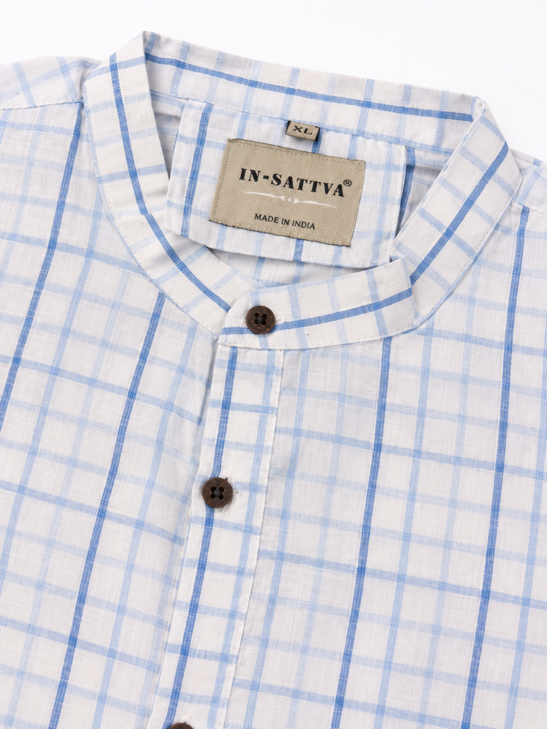 In-Sattva Men's Classic Cotton Checkered Sattva-Collar Thigh-Length Kurta Tunic; Checkered Blue
