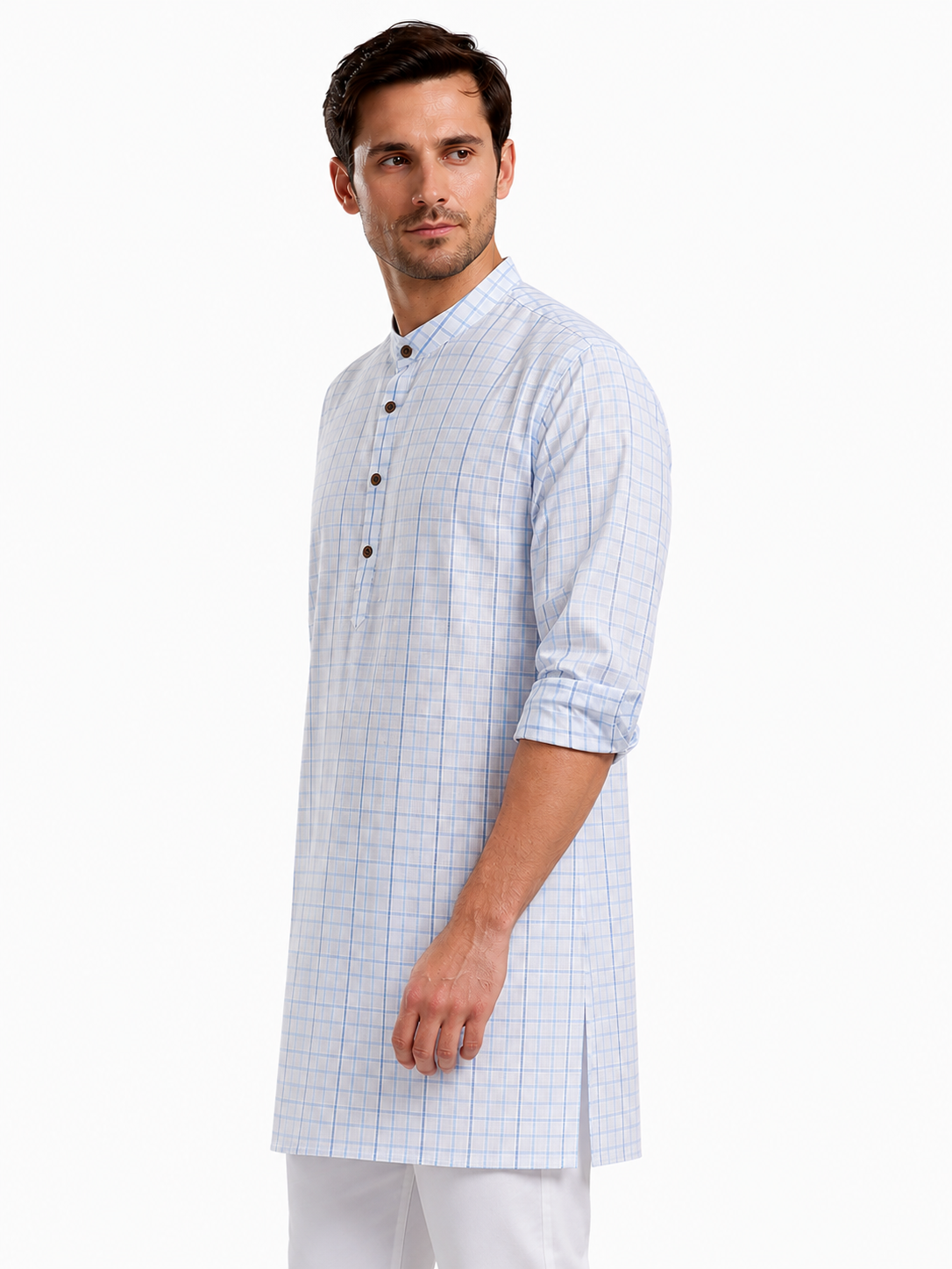 In-Sattva Men's Classic Cotton Checkered Sattva-Collar Thigh-Length Kurta Tunic; Checkered Blue
