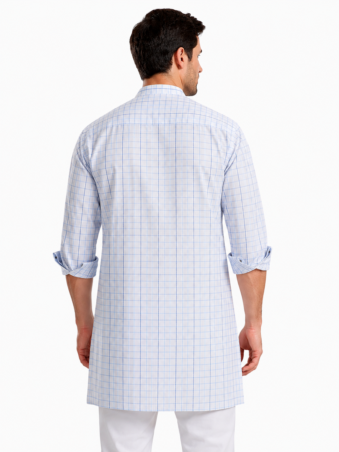In-Sattva Men's Classic Cotton Checkered Sattva-Collar Thigh-Length Kurta Tunic; Checkered Blue