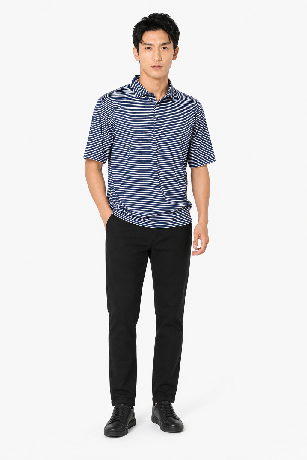 AVA Athletica Men's Polo Collar Moisture-Wick Active Wear Fine Striped T-Shirt Navy