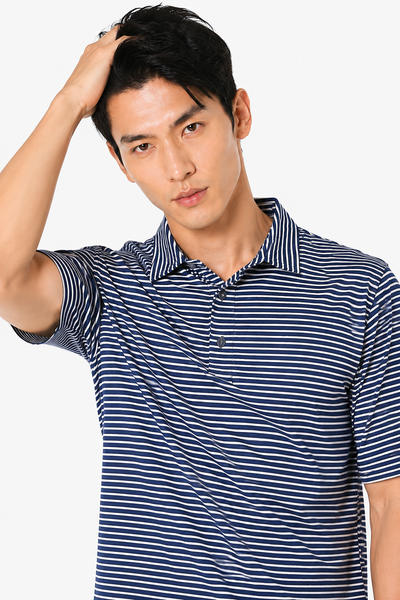 AVA Athletica Men's Polo Collar Moisture-Wick Active Wear Fine Striped T-Shirt Navy