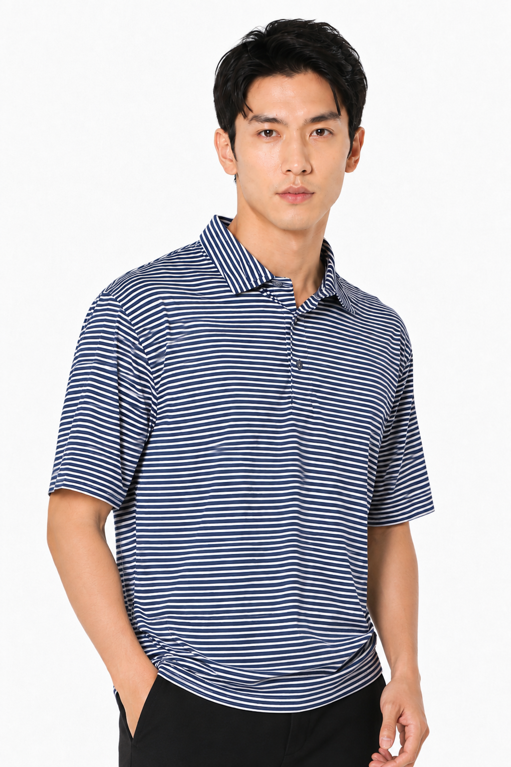 AVA Athletica Men's Polo Collar Moisture-Wick Active Wear Fine Striped T-Shirt Navy