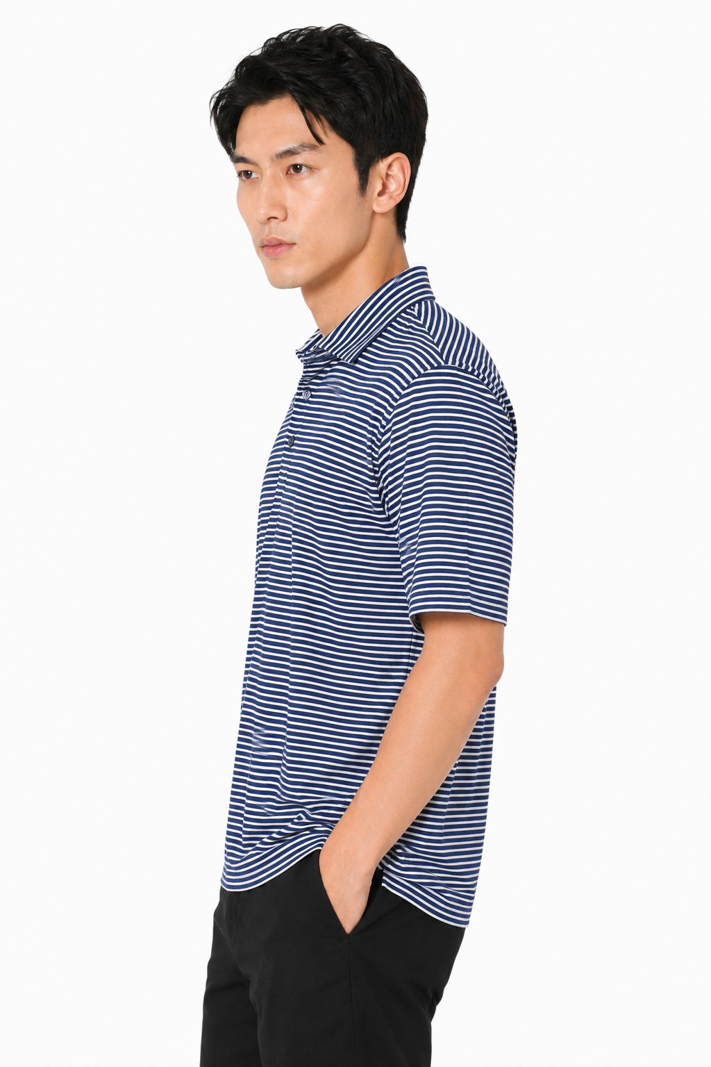 AVA Athletica Men's Polo Collar Moisture-Wick Active Wear Fine Striped T-Shirt Navy