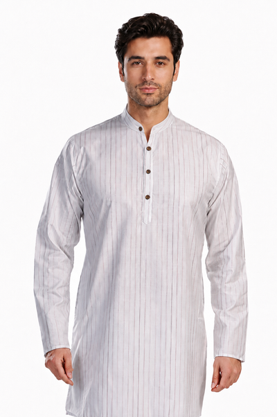 In-Sattva Men's Handloom Cotton Vintage Pinstriped Thigh-Length Kurta Tunic; Striped Magenta