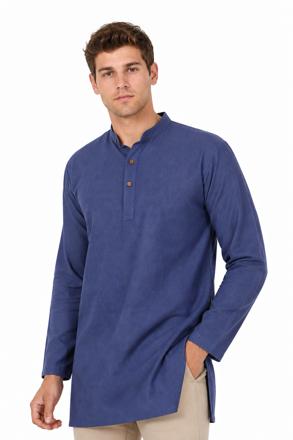 Handmade Men's  Khadi Cotton Thigh Length Kurta Tunic Shirt Blue