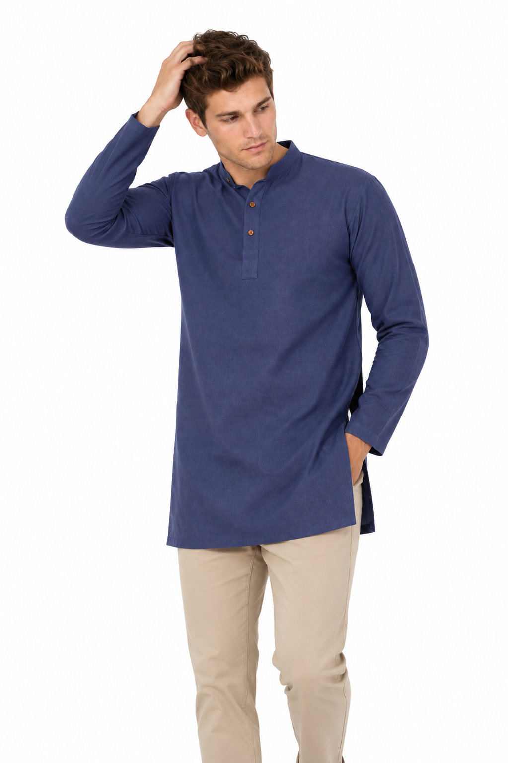 Handmade Men's  Khadi Cotton Thigh Length Kurta Tunic Shirt Blue