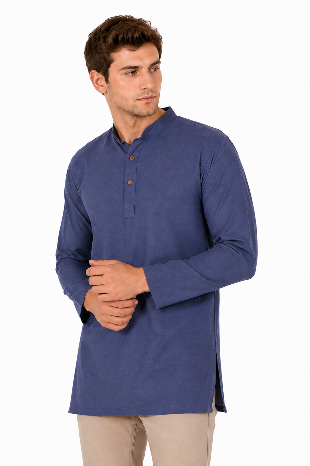 Handmade Men's  Khadi Cotton Thigh Length Kurta Tunic Shirt Blue