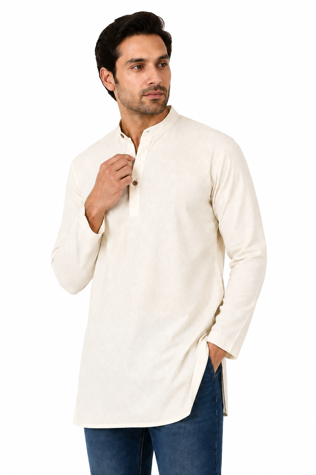 Handmade Men's  Khadi Cotton Thigh Length Kurta Tunic Shirt Off-White